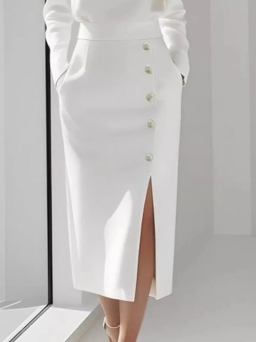 Long Sleeve Button Slit Midi Dress - 
