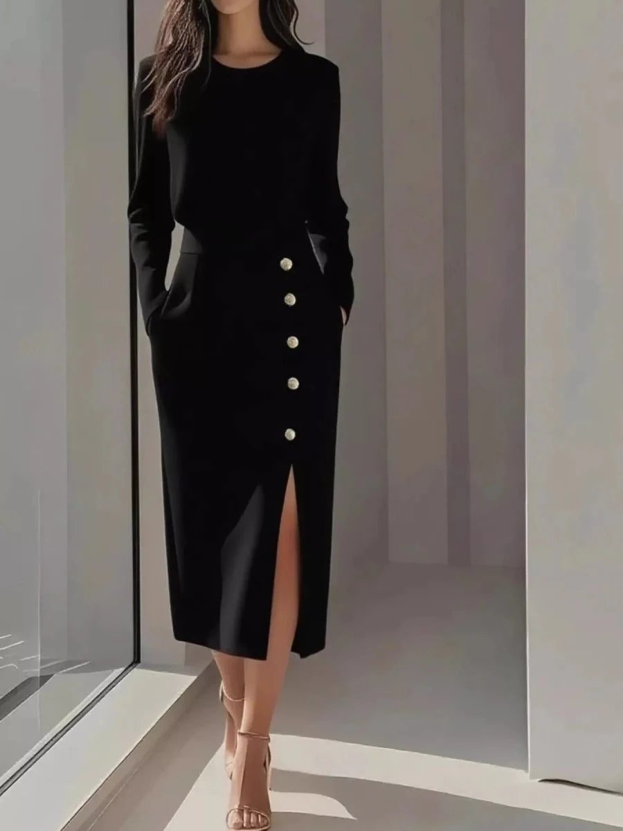 Long Sleeve Button Slit Midi Dress - 