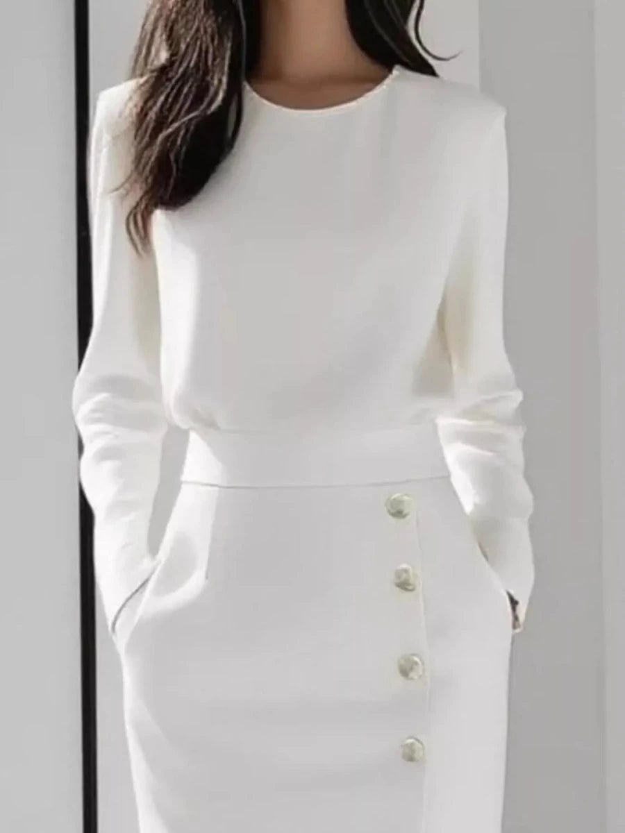 Long Sleeve Button Slit Midi Dress - 