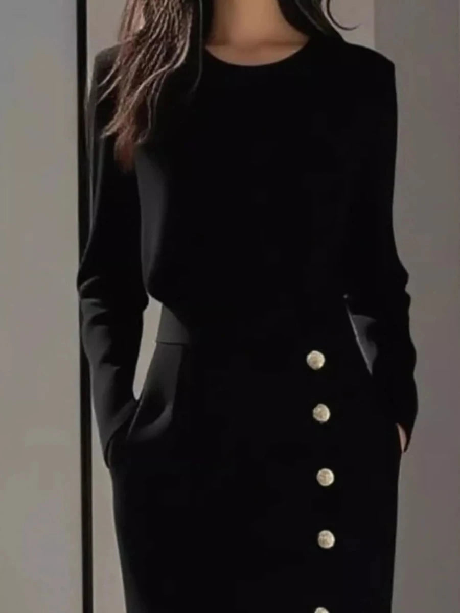 Long Sleeve Button Slit Midi Dress - 