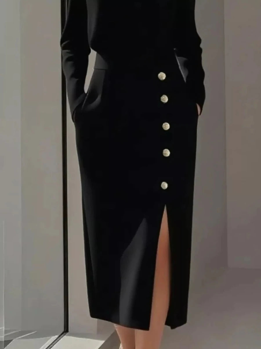 Long Sleeve Button Slit Midi Dress - 