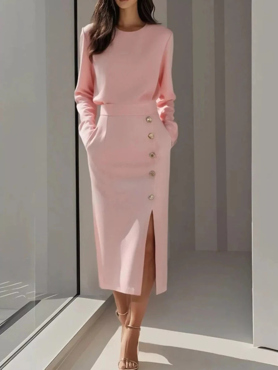 Long Sleeve Button Slit Midi Dress - 