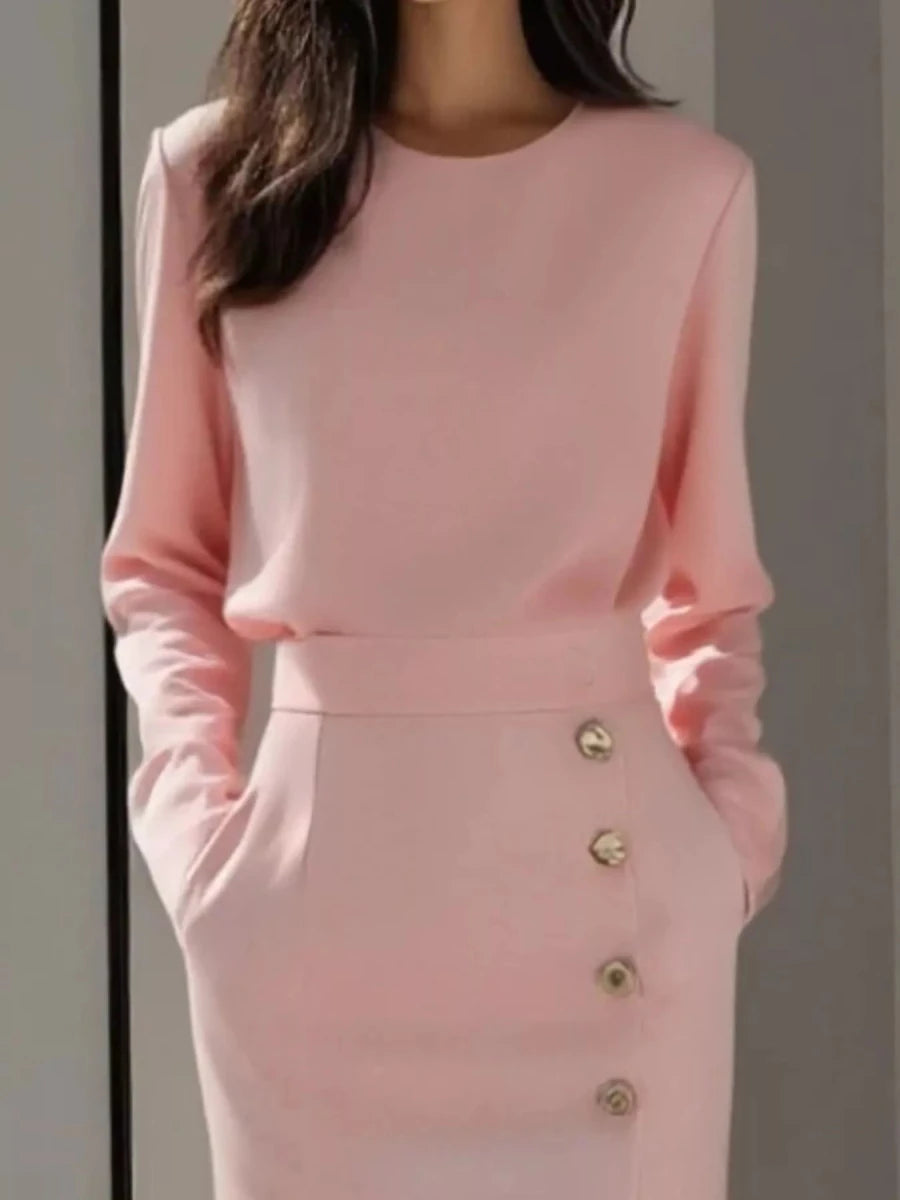 Long Sleeve Button Slit Midi Dress - 