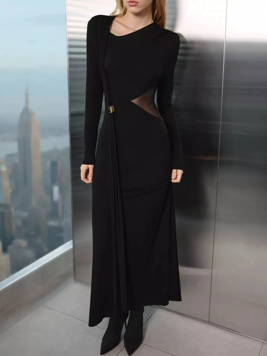 Long Sleeve Maxi Dress with Sheer Panel - 