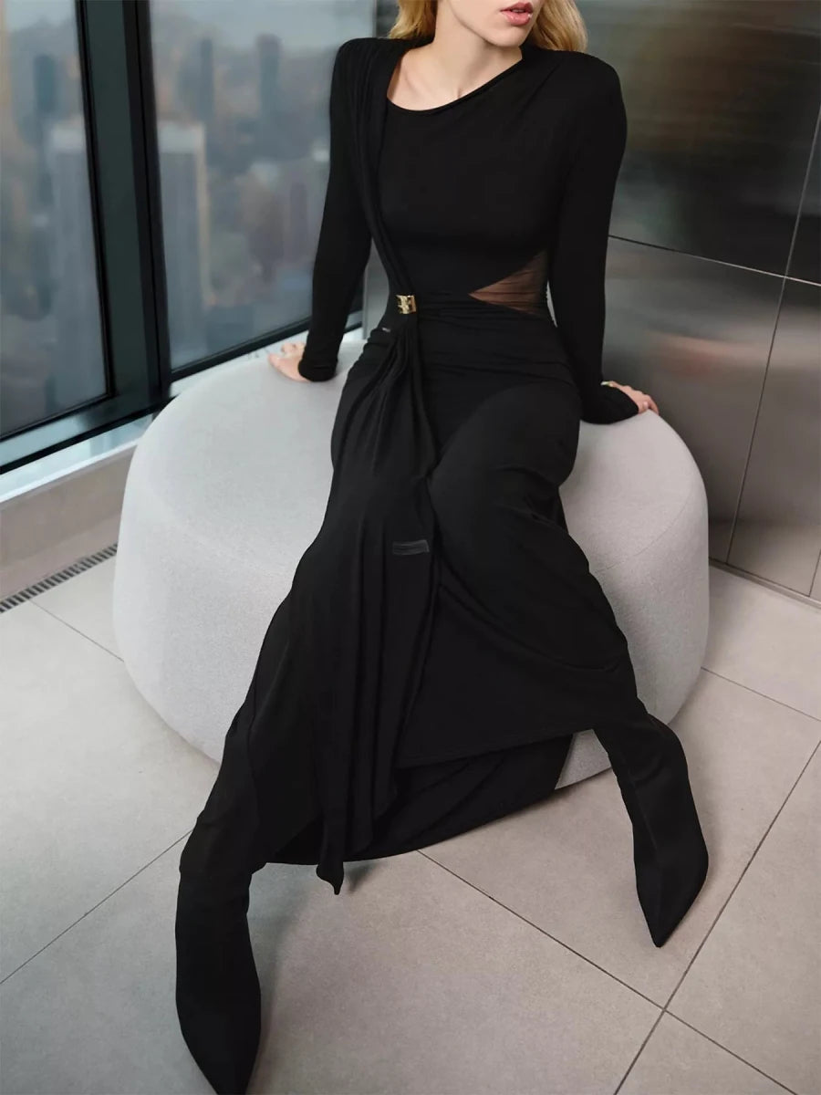 Long Sleeve Maxi Dress with Sheer Panel - 