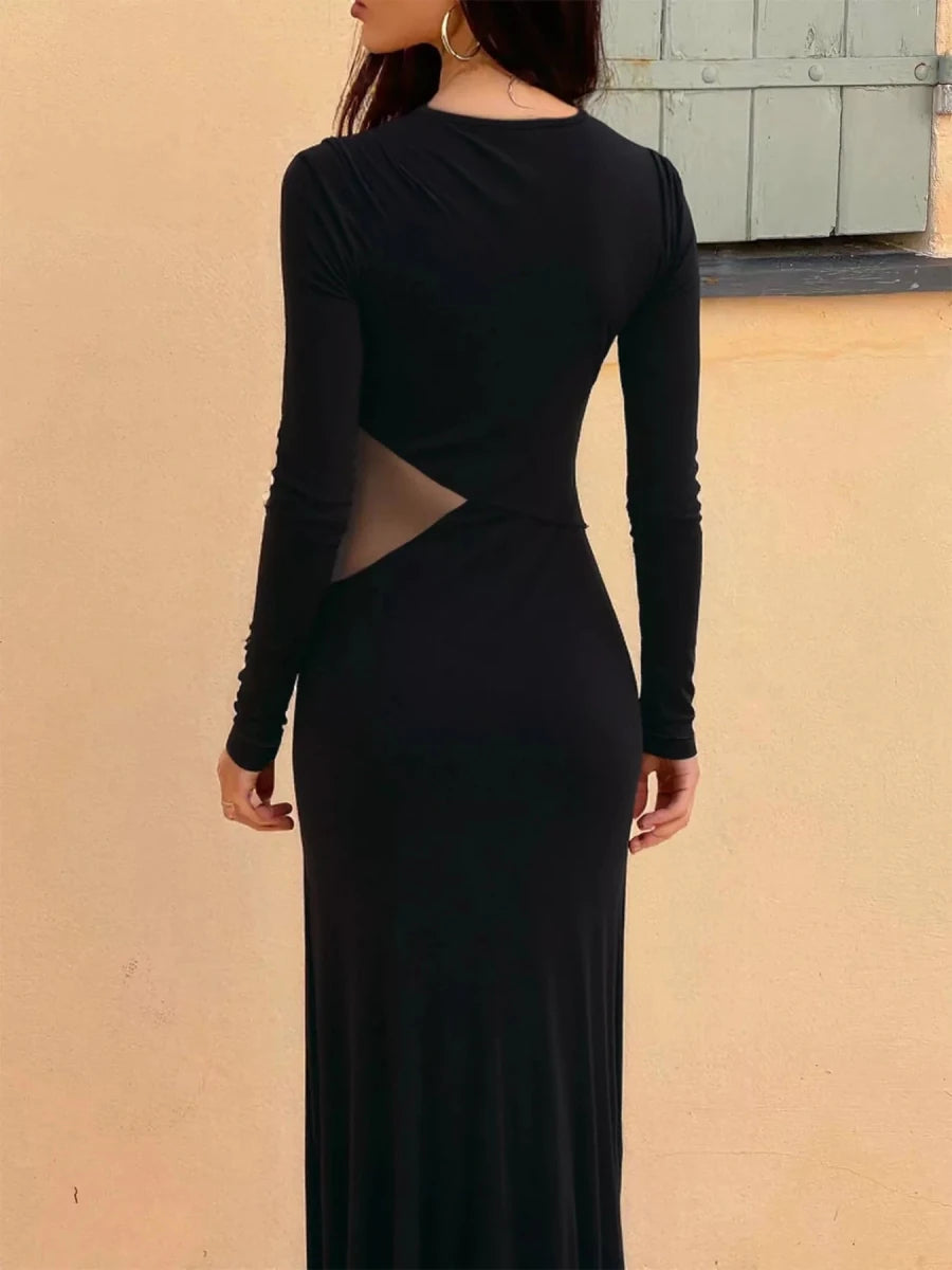 Long Sleeve Maxi Dress with Sheer Panel - 