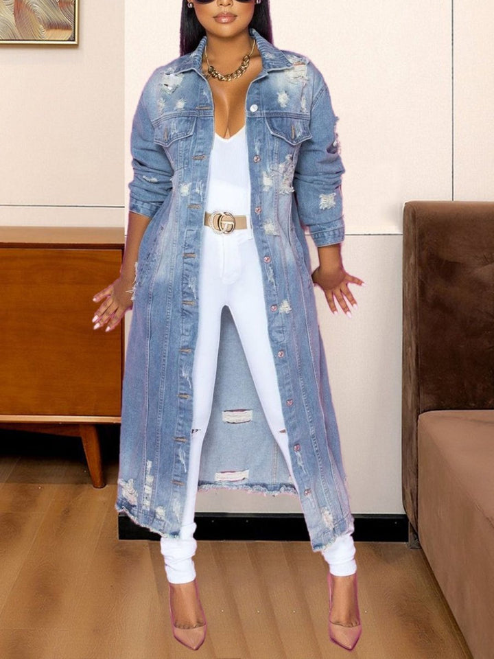 Long Sleeve Raw Hem Denim Jacket - Outerwear