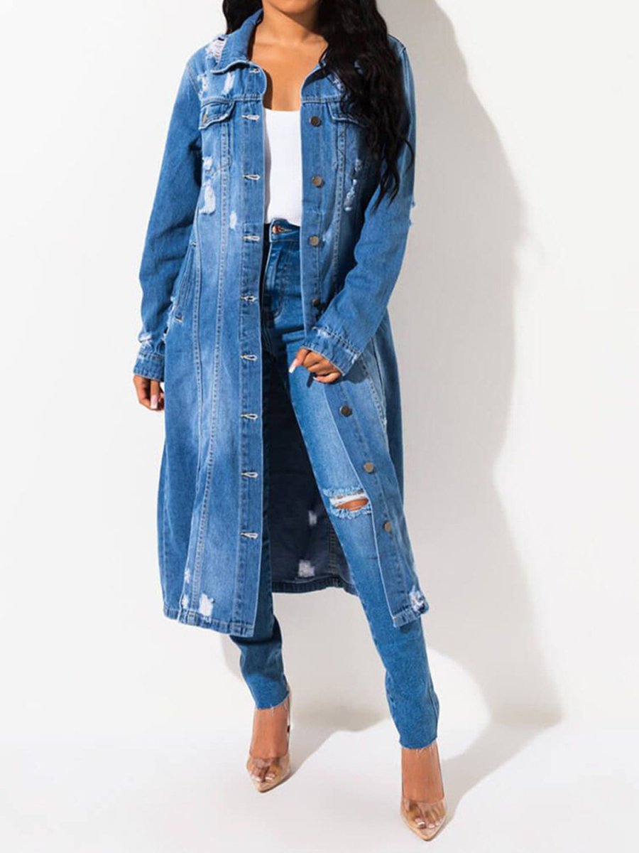 Long Sleeve Raw Hem Denim Jacket - Outerwear