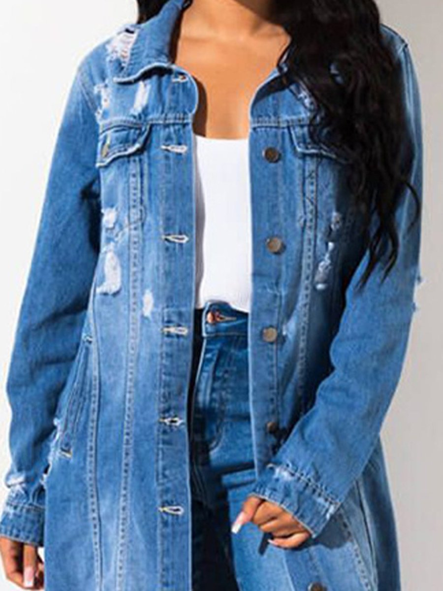 Long Sleeve Raw Hem Denim Jacket - Outerwear