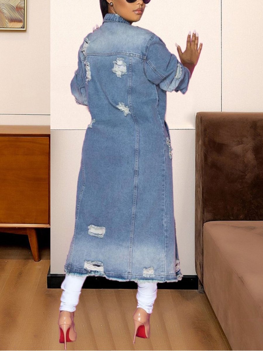 Long Sleeve Raw Hem Denim Jacket - Outerwear