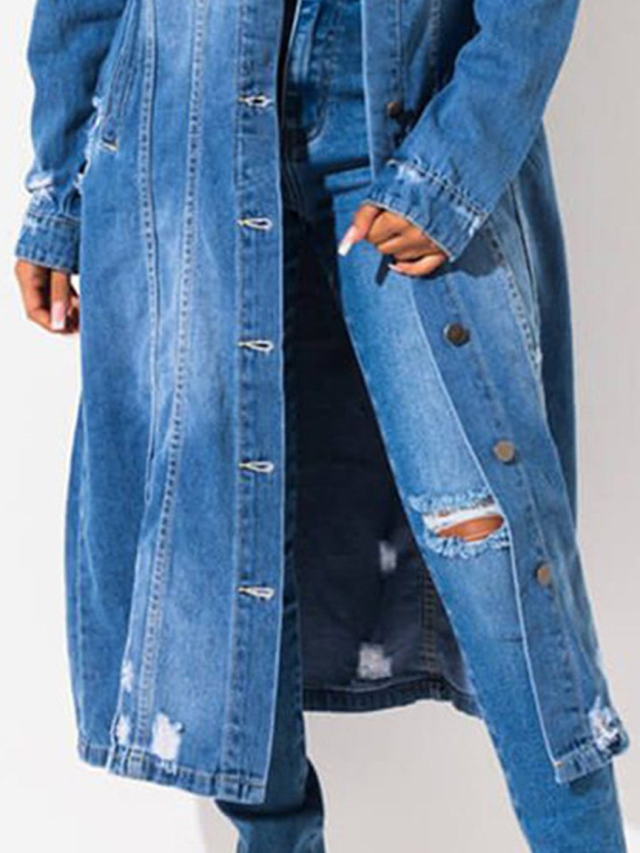 Long Sleeve Raw Hem Denim Jacket - Outerwear