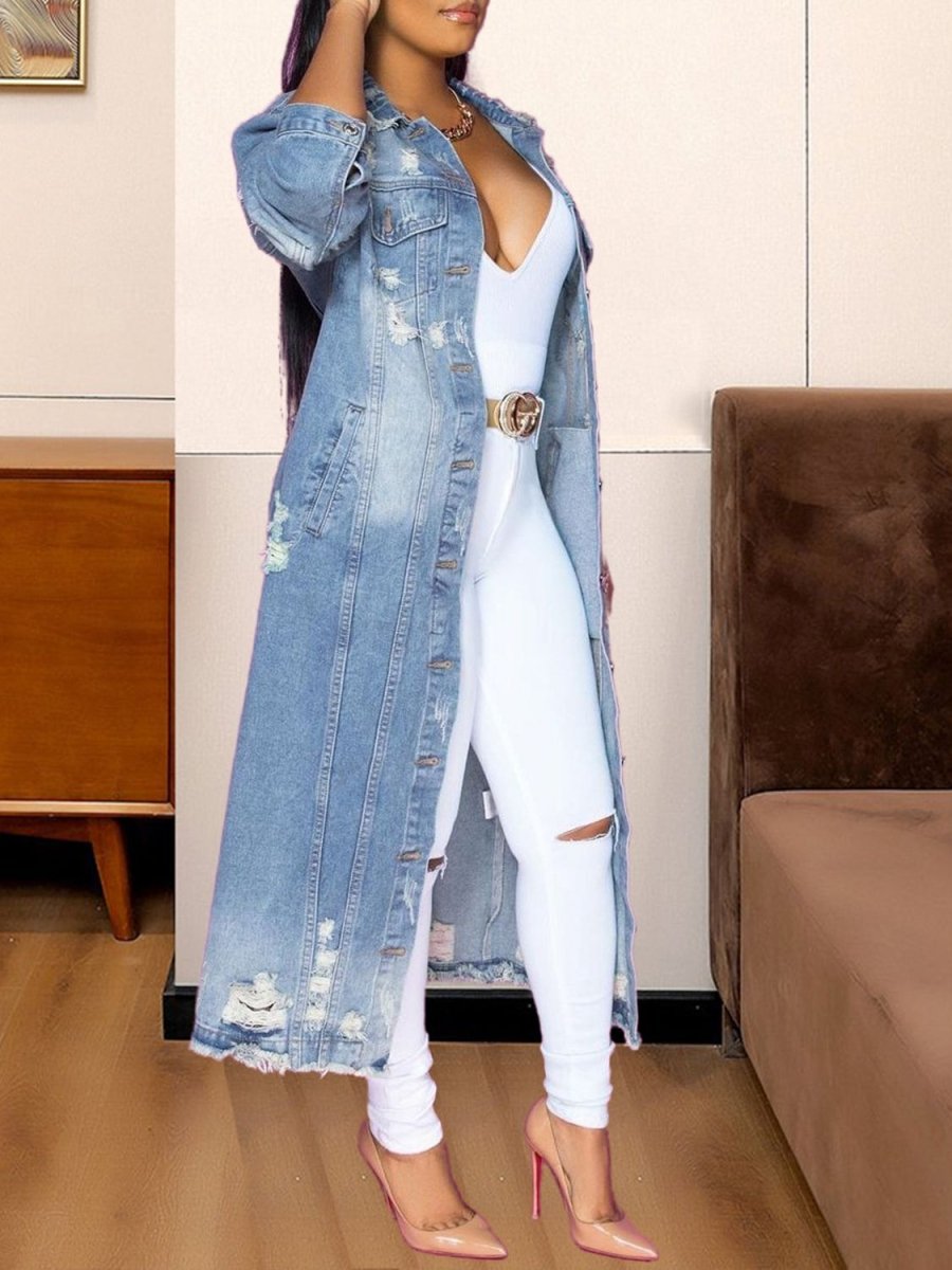 Long Sleeve Raw Hem Denim Jacket - Outerwear