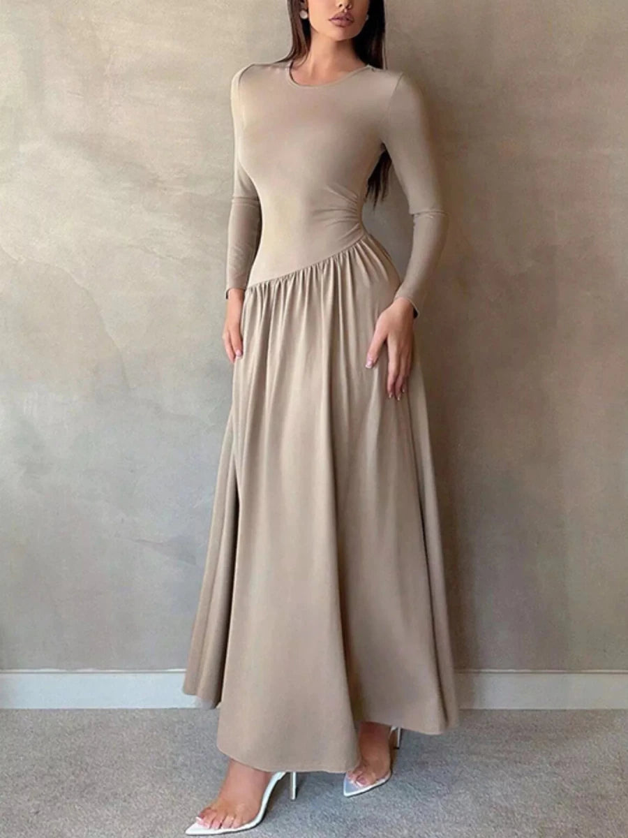 Long Sleeve Ruched A - Line Maxi Dress - 