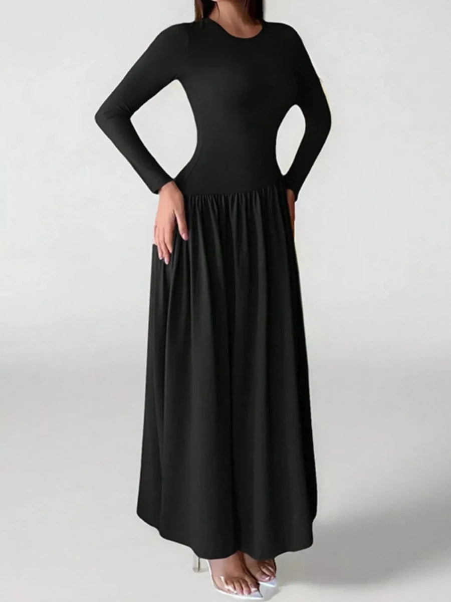 Long Sleeve Ruched A - Line Maxi Dress - 