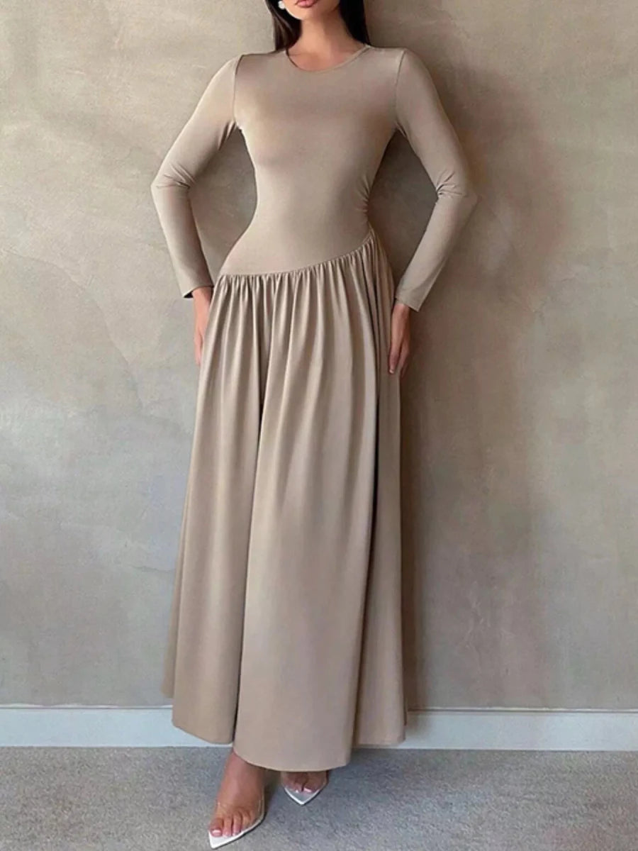 Long Sleeve Ruched A - Line Maxi Dress - 