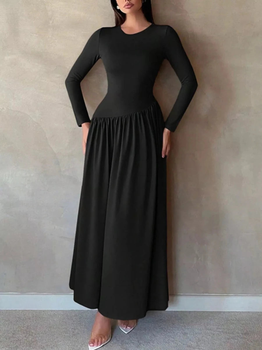 Long Sleeve Ruched A - Line Maxi Dress - 