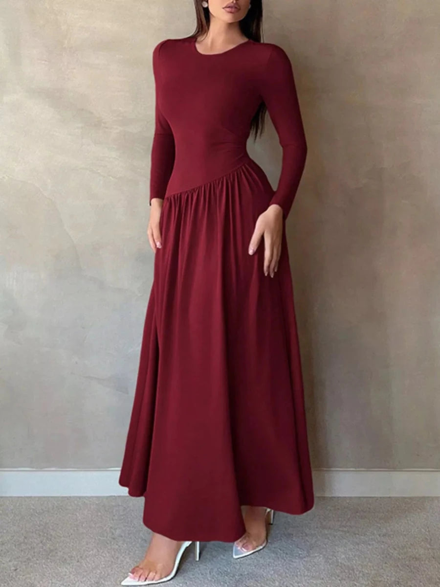 Long Sleeve Ruched A - Line Maxi Dress - 