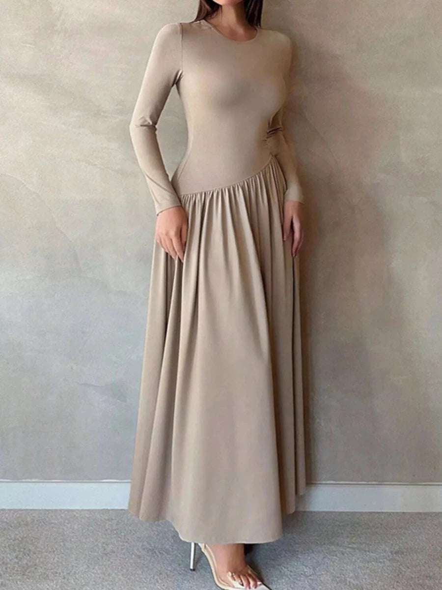Long Sleeve Ruched A - Line Maxi Dress - 