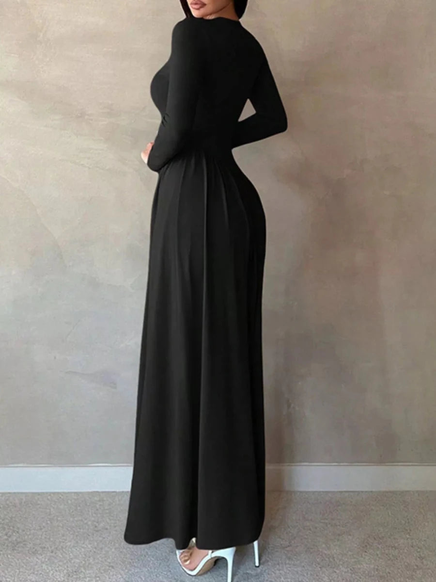 Long Sleeve Ruched A - Line Maxi Dress - 