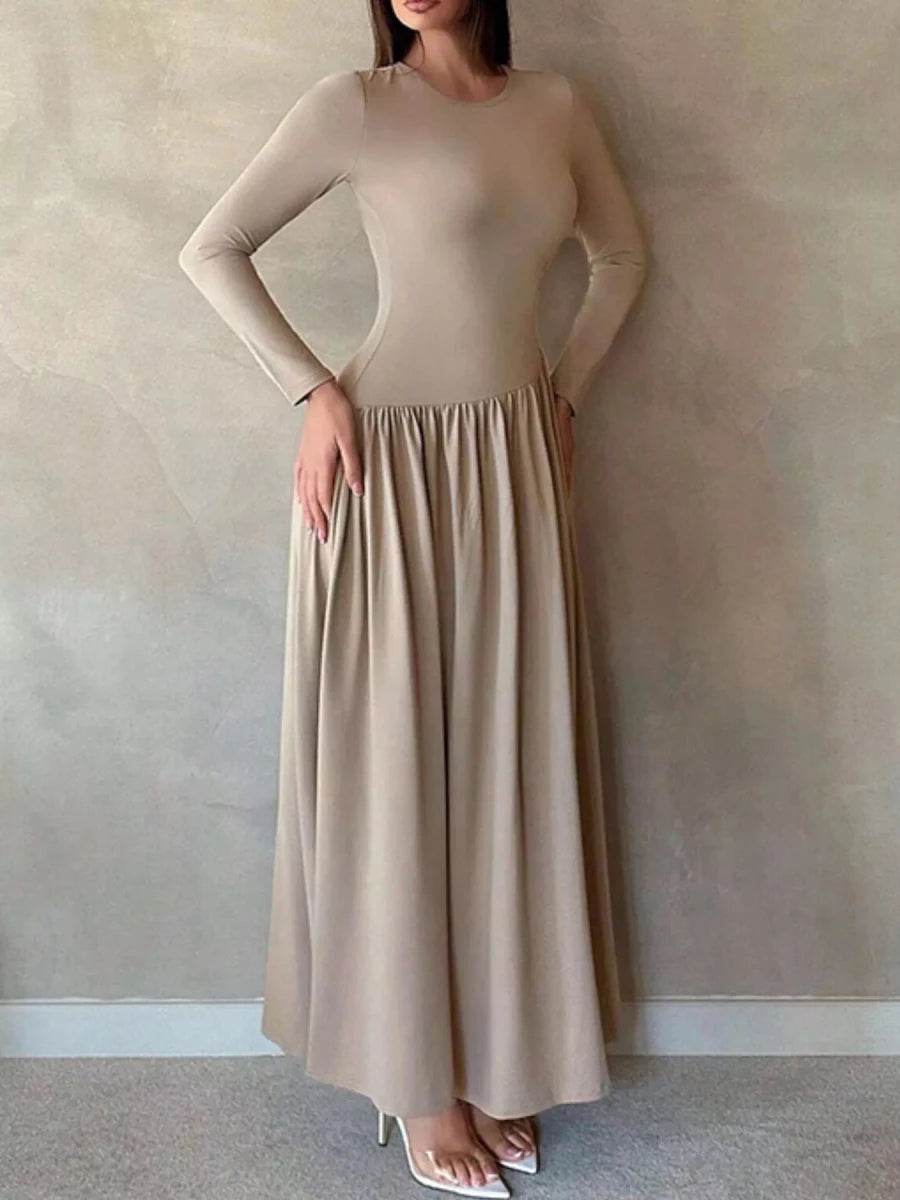 Long Sleeve Ruched A - Line Maxi Dress - 