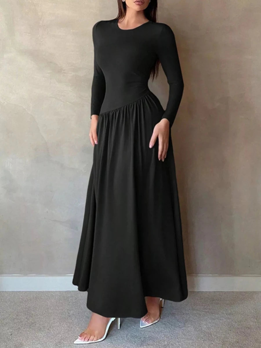 Long Sleeve Ruched A - Line Maxi Dress - 