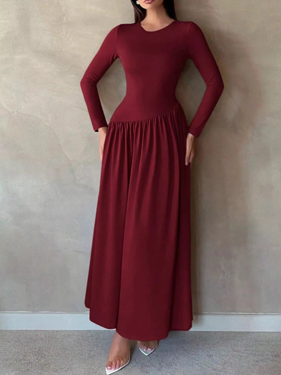 Long Sleeve Ruched A - Line Maxi Dress - 