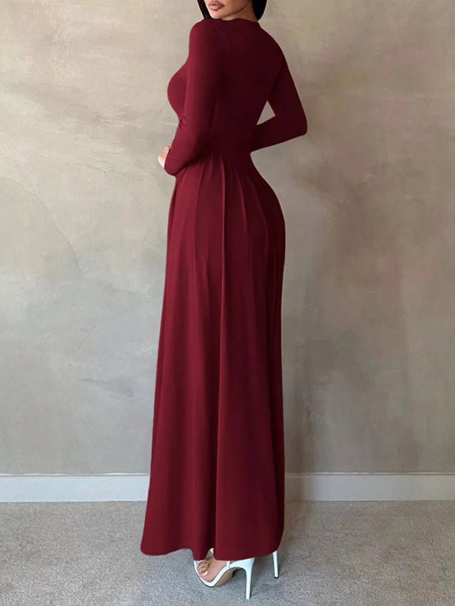 Long Sleeve Ruched A - Line Maxi Dress - 
