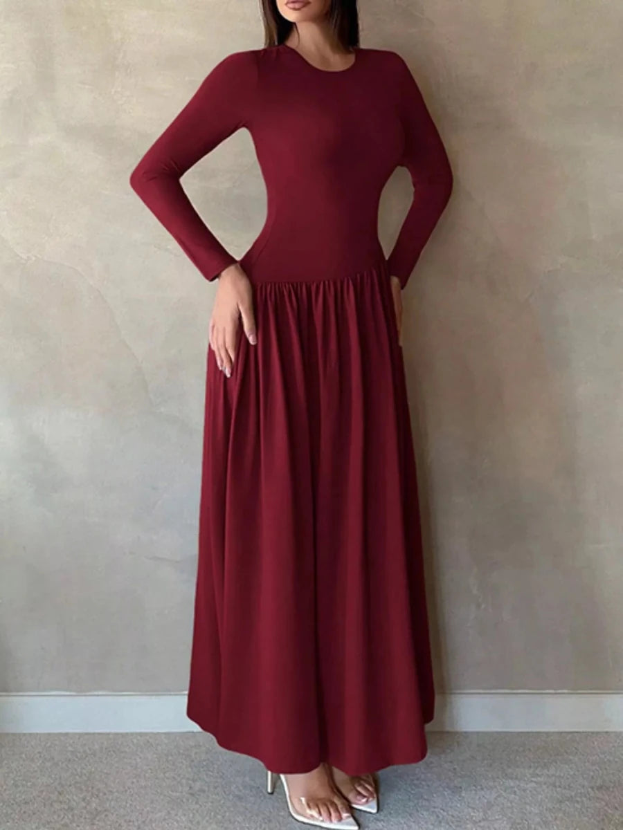 Long Sleeve Ruched A - Line Maxi Dress - 