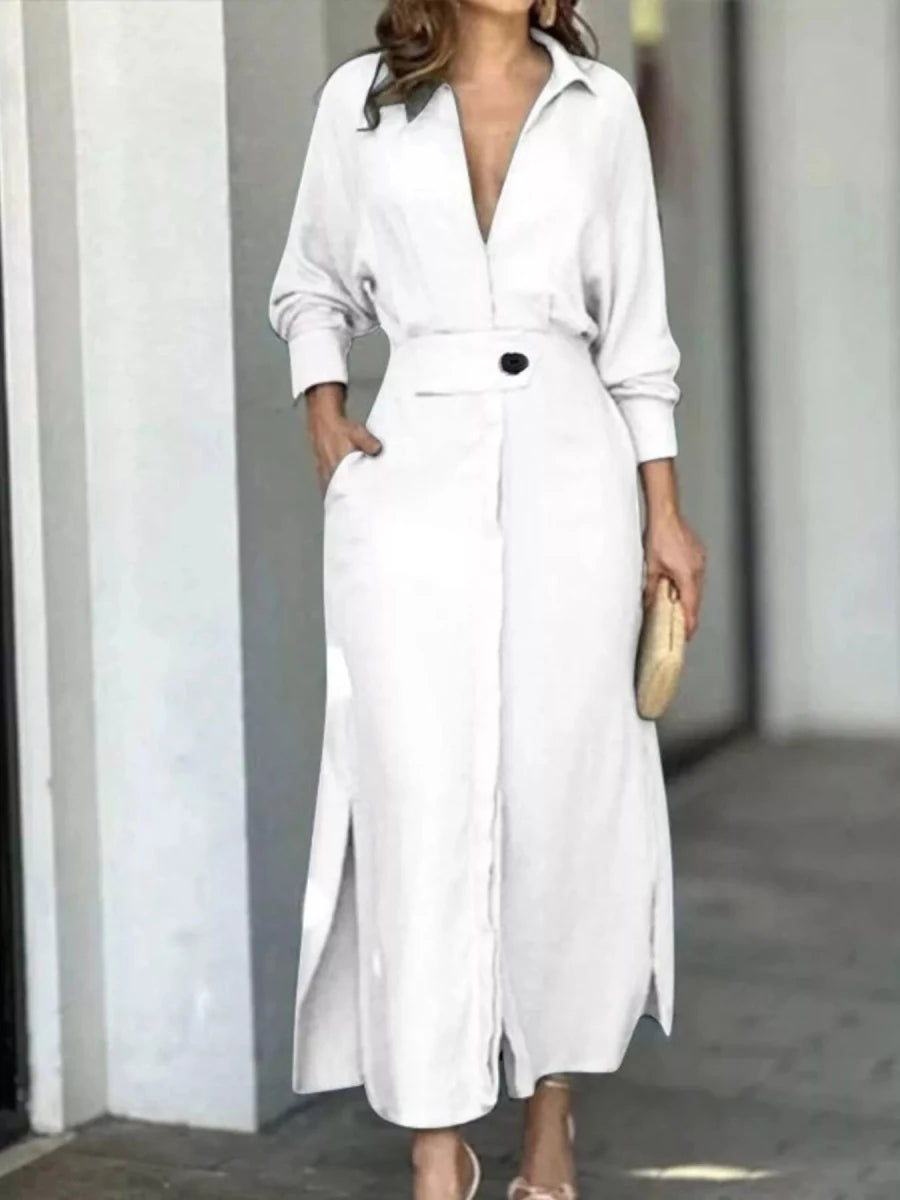 Long Sleeve Shirt Dress with Side Slits - 