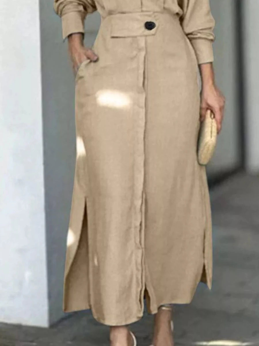 Long Sleeve Shirt Dress with Side Slits - 