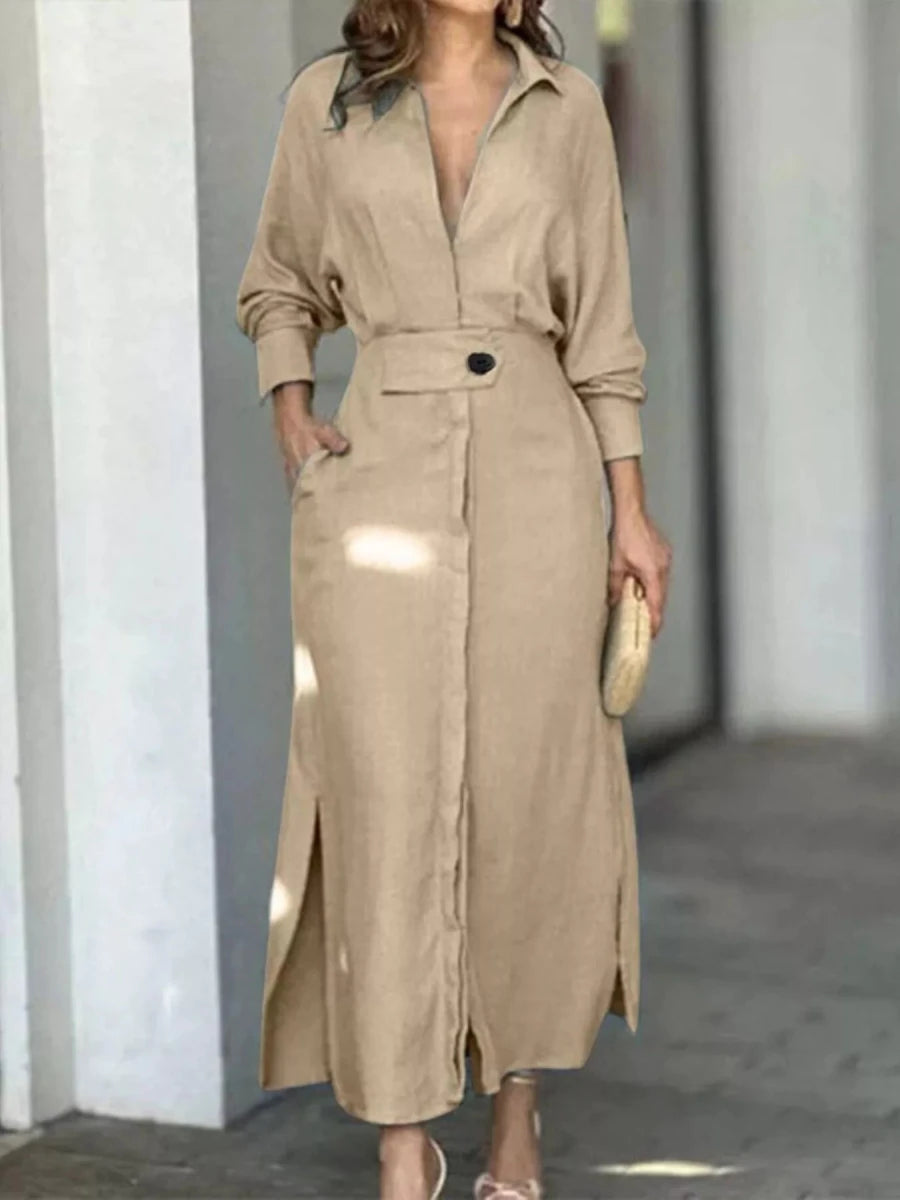Long Sleeve Shirt Dress with Side Slits - 