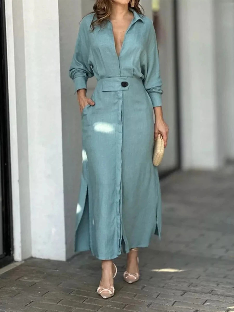 Long Sleeve Shirt Dress with Side Slits - 