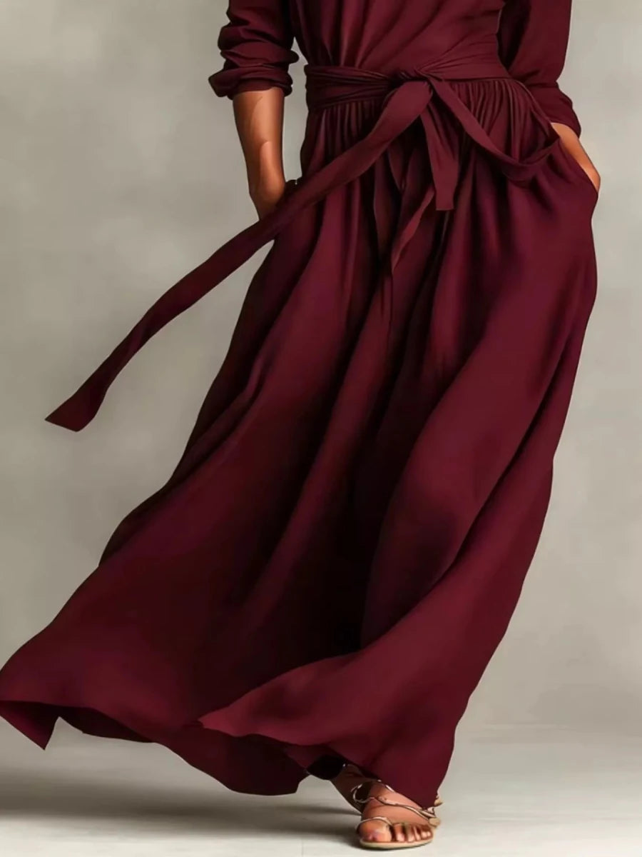 Long Sleeve Tie Waist Maxi Dress - 