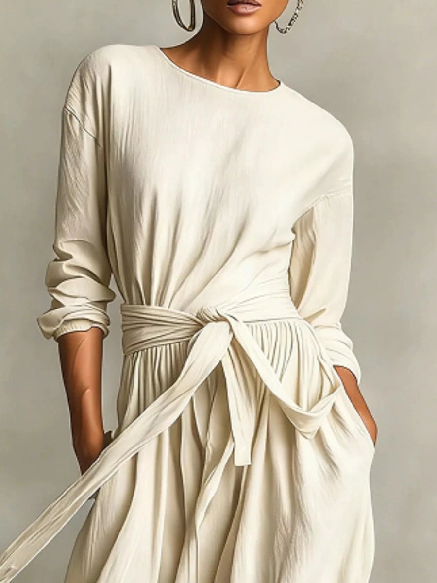 Long Sleeve Tie Waist Maxi Dress - 