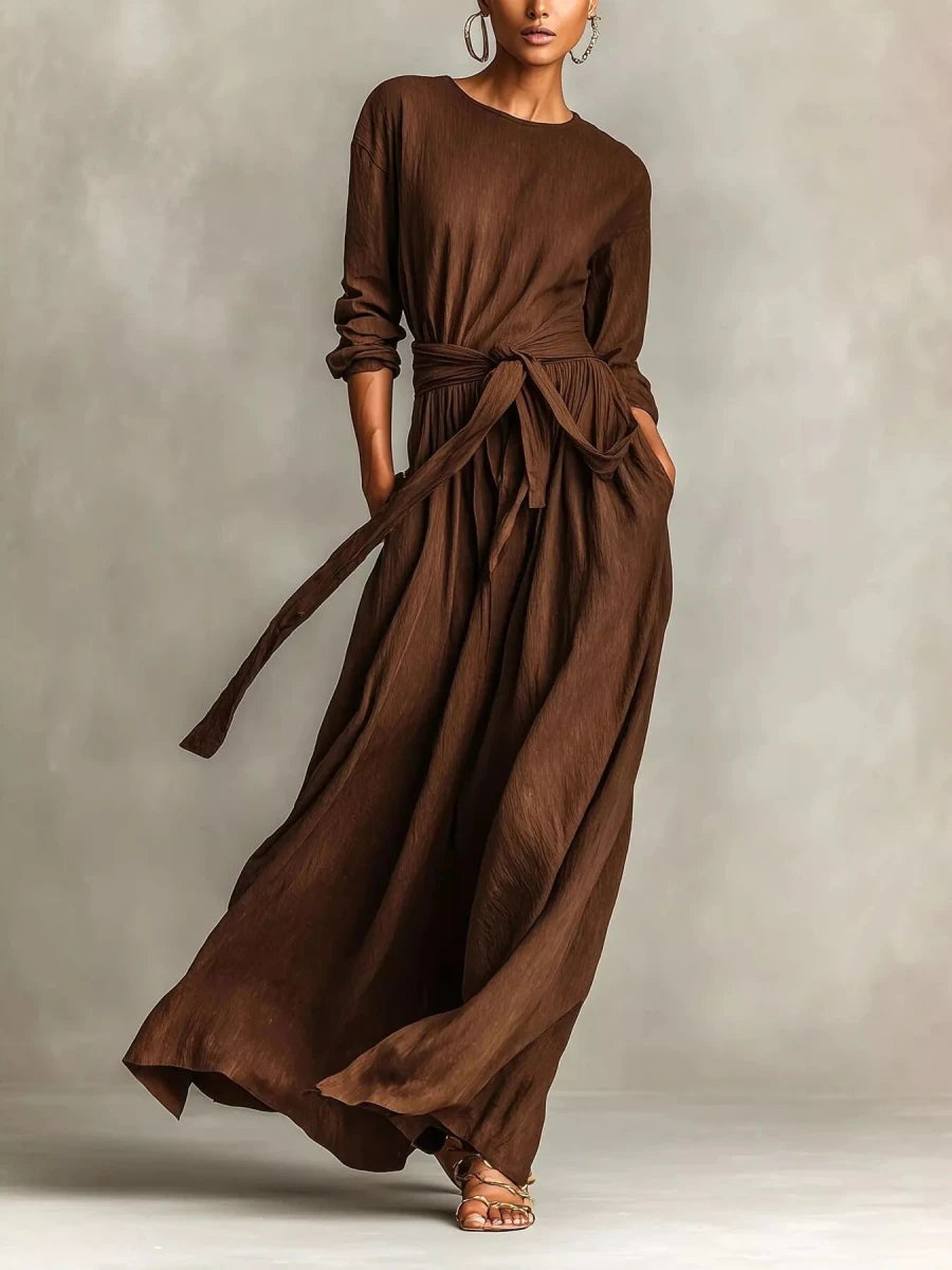 Long Sleeve Tie Waist Maxi Dress - 