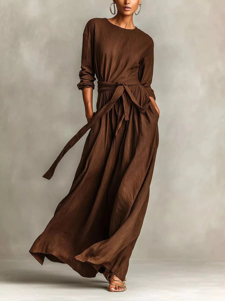 Long Sleeve Tie Waist Maxi Dress - 
