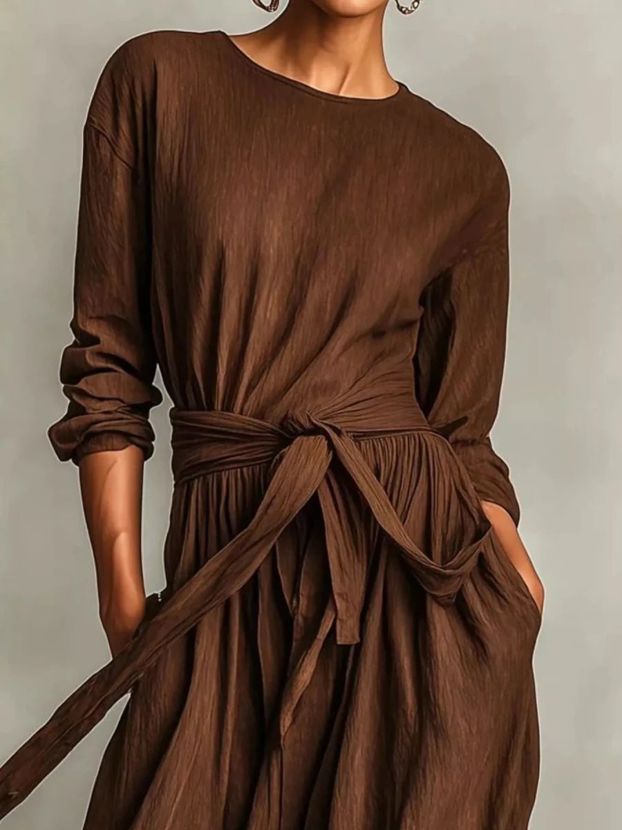 Long Sleeve Tie Waist Maxi Dress - 