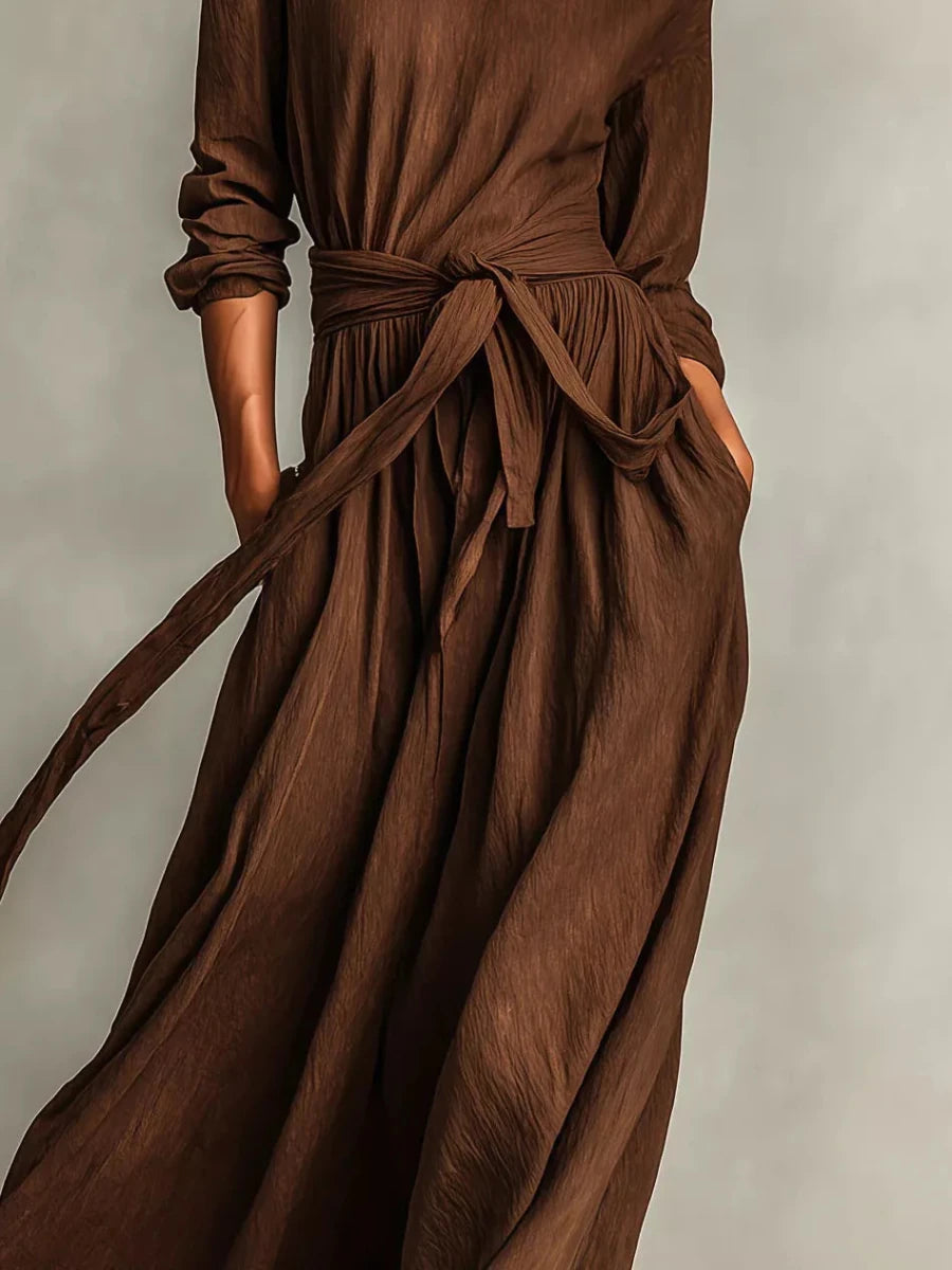 Long Sleeve Tie Waist Maxi Dress - 