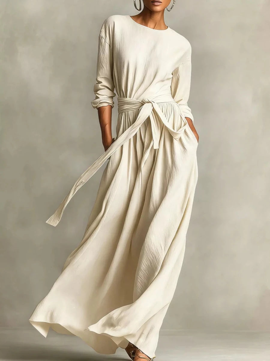 Long Sleeve Tie Waist Maxi Dress - 
