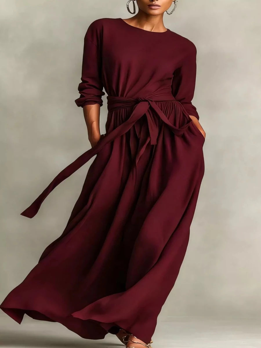 Long Sleeve Tie Waist Maxi Dress - 