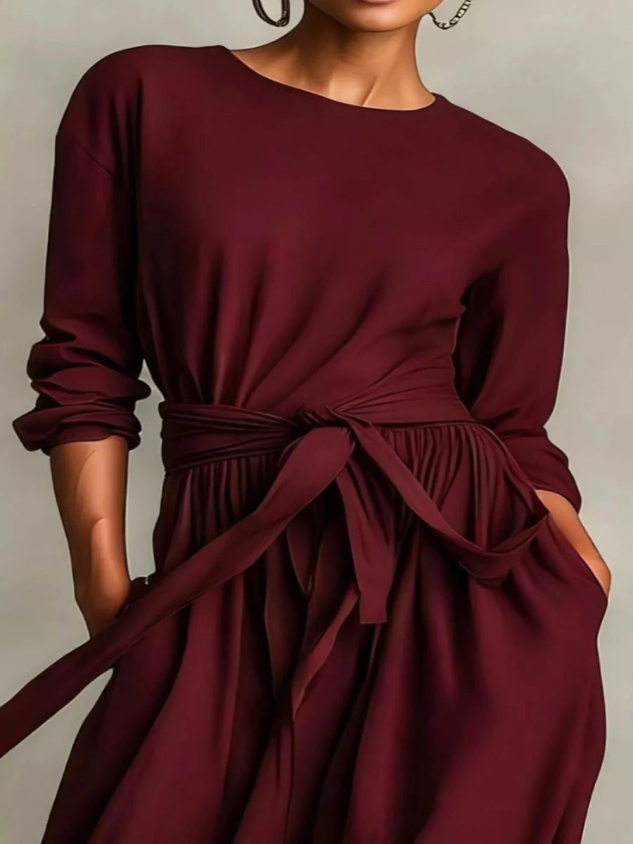 Long Sleeve Tie Waist Maxi Dress - 