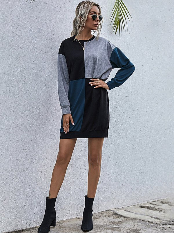 Long - sleeved color block round neck casual sweater dress - Sweater Dress