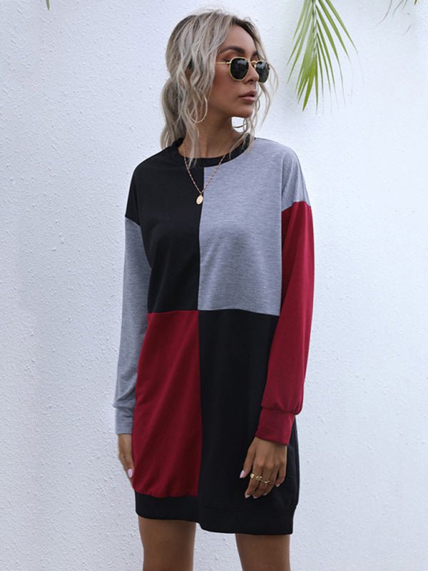 Long - sleeved color block round neck casual sweater dress - Sweater Dress