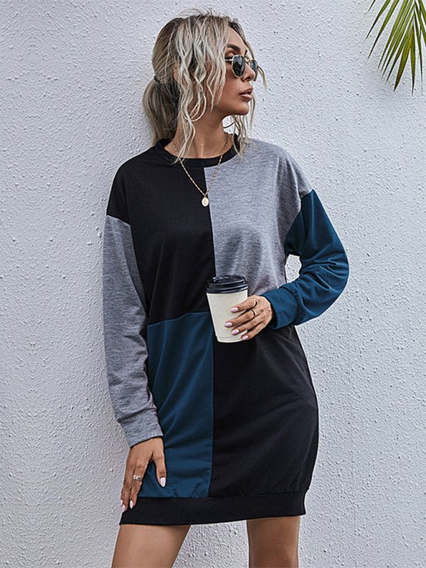 Long - sleeved color block round neck casual sweater dress - Sweater Dress