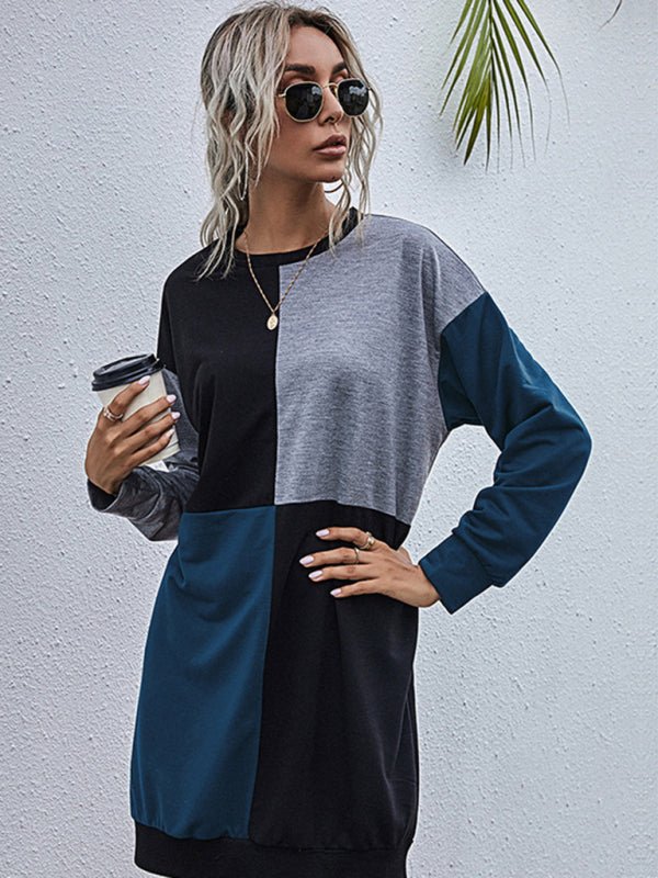 Long - sleeved color block round neck casual sweater dress - Sweater Dress