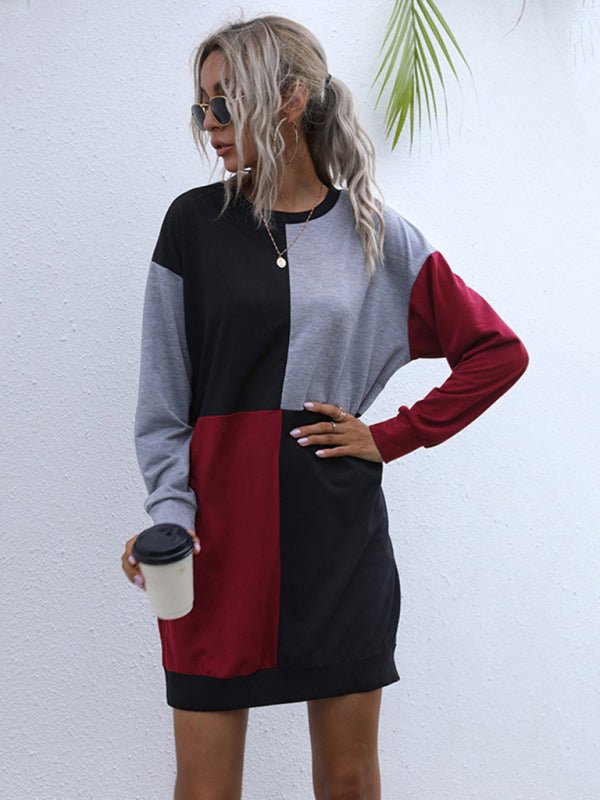 Long - sleeved color block round neck casual sweater dress - Sweater Dress