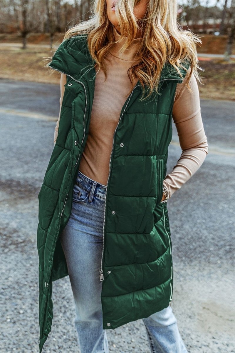 Longline Hooded Sleeveless Puffer Vest - Outerwear
