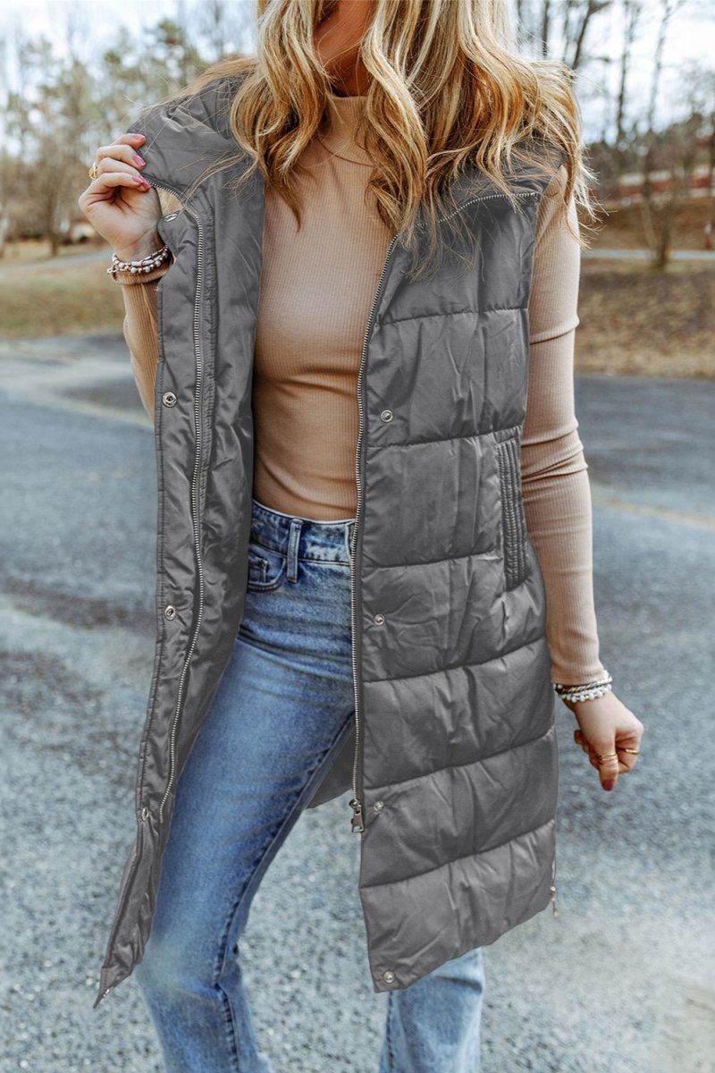 Longline Hooded Sleeveless Puffer Vest - Outerwear