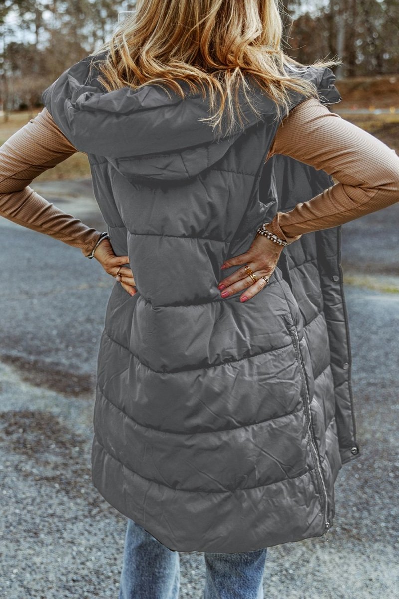Longline Hooded Sleeveless Puffer Vest - Outerwear