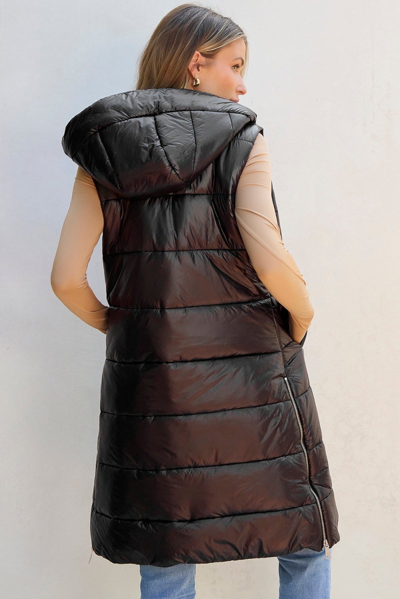 Longline Hooded Sleeveless Puffer Vest - Outerwear